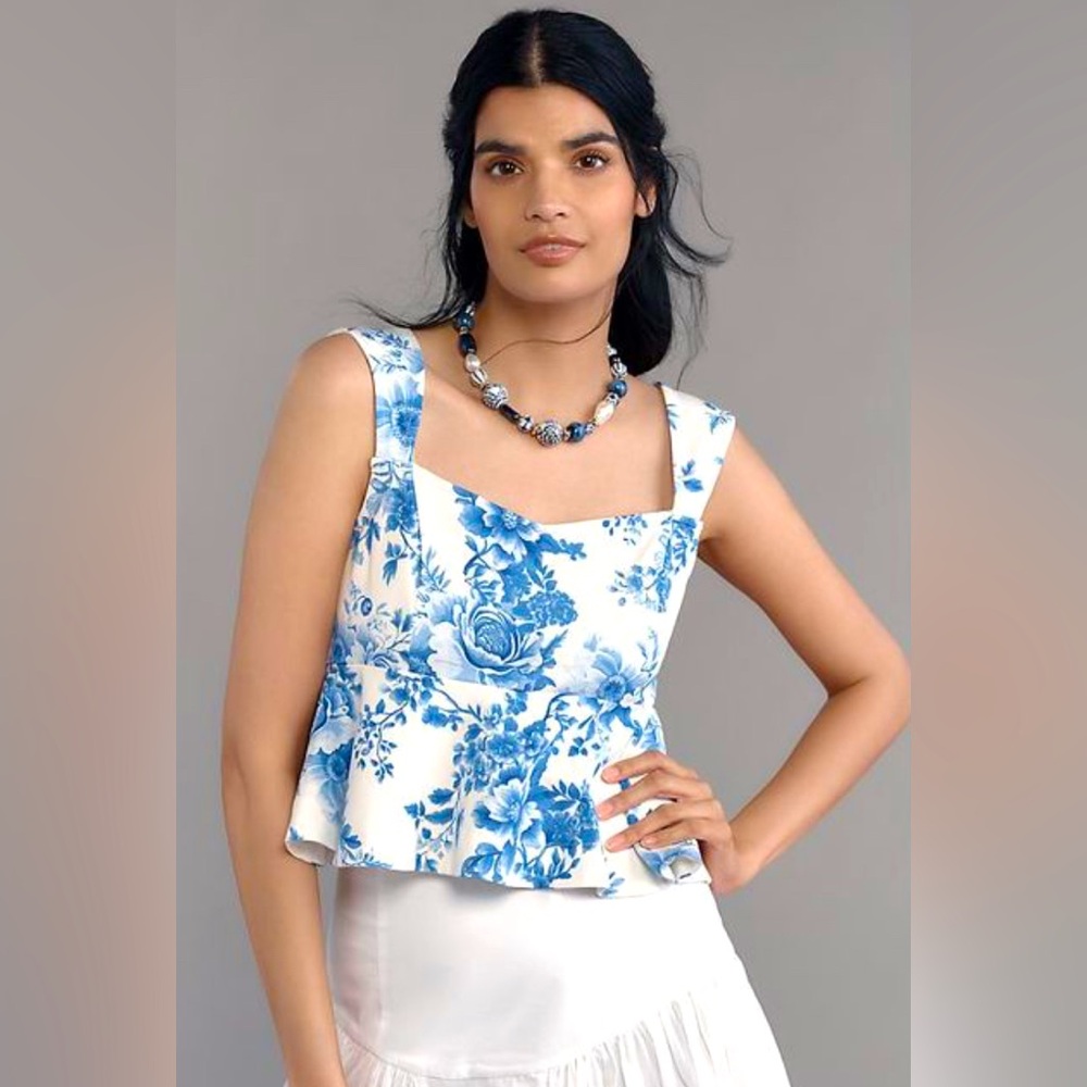 Anthropologie Maeve Women’s Square-Neck Peplum Tank Top Blue White Floral Sz Lg